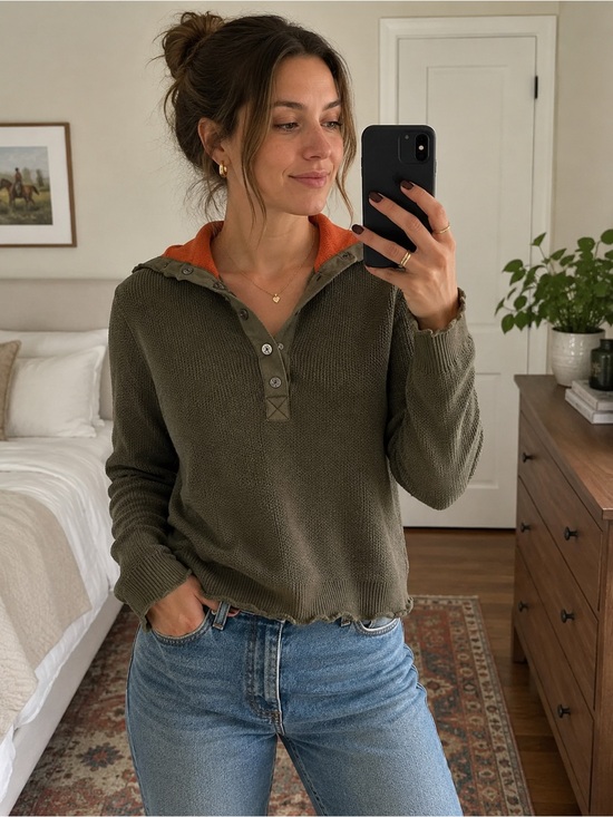 Ralph Lauren Sweaters - Ralph Lauren LRL Preppy Equestrian Cotton Henley Sweater Olive Orange L